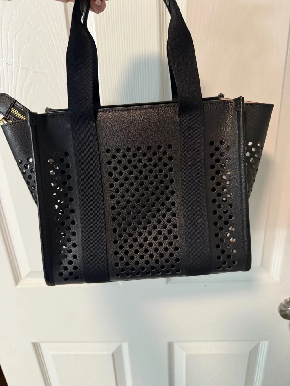 kate spade Black Perforated Leather Tote with Webbed Handles